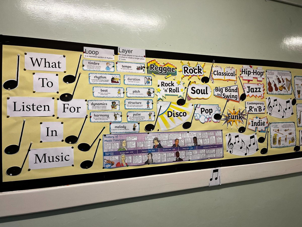 SETFelixPrimary's tweet photo. This term the children have been learning about rhythm in a variety of different music genres and key vocabulary. Take a look at the lovely new school display from Mrs Dalton!

#primaryschoolmusic #commitment #community https://t.co/8Y7VLZiljF