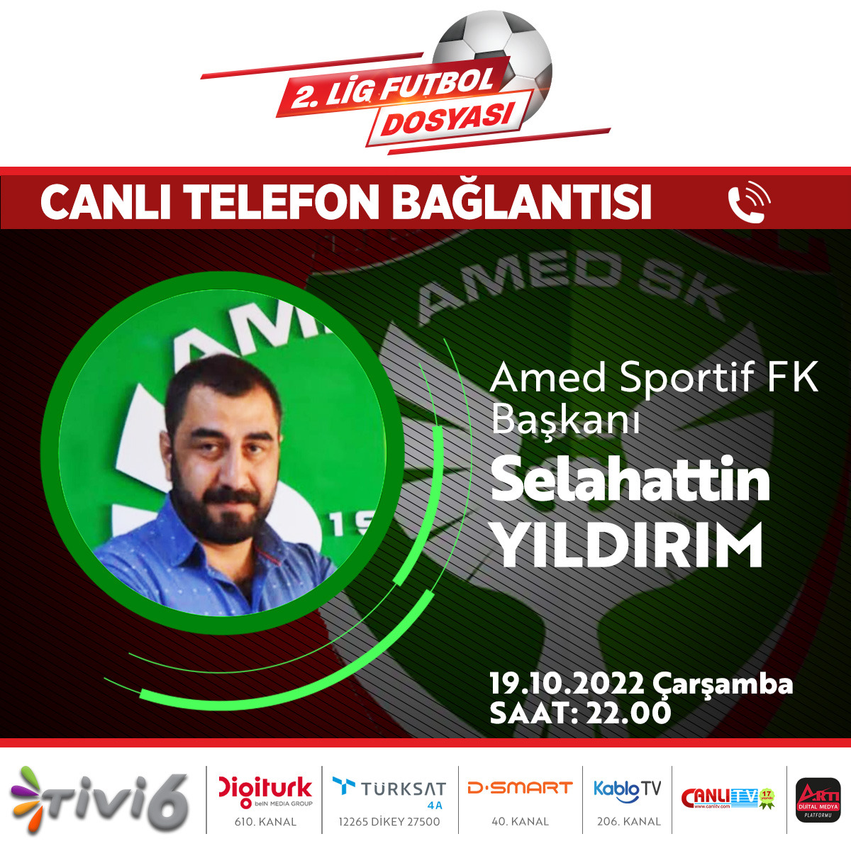 Bu hafta Amed Spor FK Başkanı sayın @slhttnyldrm21  canlı telefon bağlantısı ile bizlerle olacak.
<a href="/AmedSporDirenis/">Amedspor Direniş Grubu</a> 
<a href="/AmedsporSK/">Halkın Takımı AMEDSPOR</a> 
<a href="/amedskofficial/">Amedspor</a> 
@amedbarikat21 
<a href="/Amedsporluyuz/">Amedspor Fan</a>