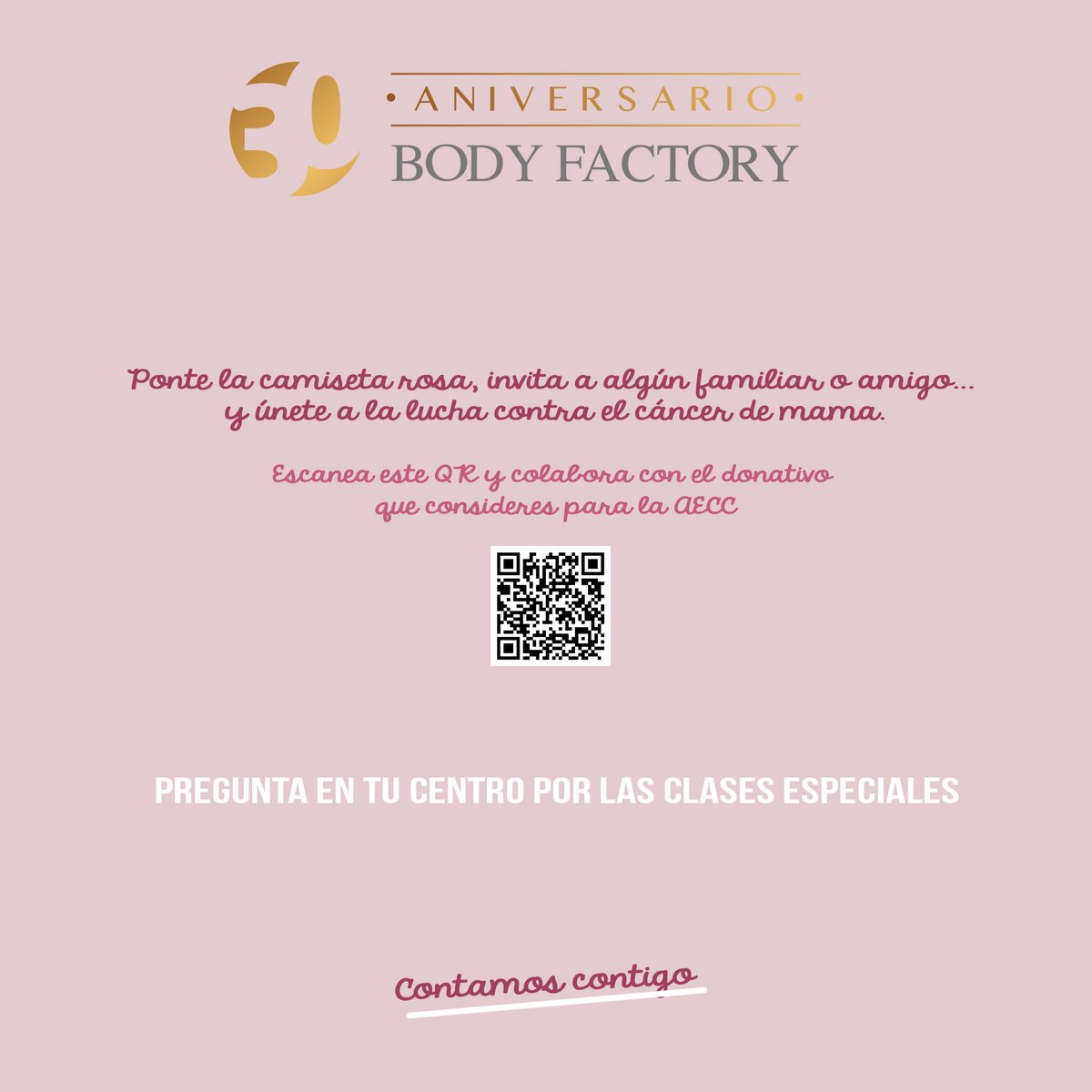 BodyFactory_ES's tweet image. Rosa. Así hemos teñido hoy nuestros centros, nuestras clases y nuestros corazones. Ponte tu camiseta rosa y ven a darlo todo en alguna de las 30 clases rosas. 
Y si escaneas el QR de la imagen y aportas tu donación, tod@s saldremos ganando. 
#DíaMundialDelCáncerDeMama