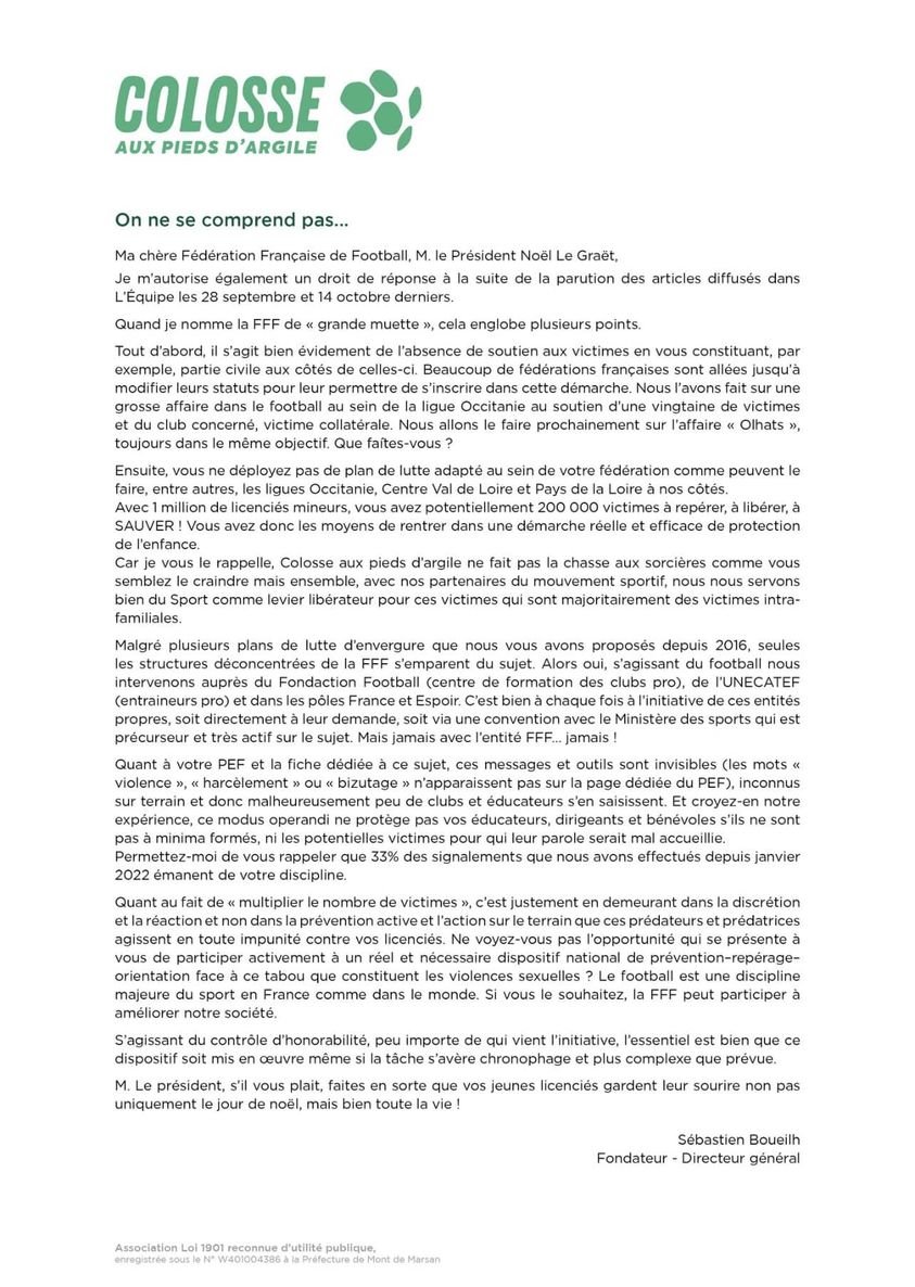 Sandrine LefĂšvre (@lefevresandrine) on Twitter photo La mise au point de @Colosse_Asso concernant la <a href="/FFF/">FFF</a> 
"Seules les structures déconcentrées de la FFF s'emparent du sujet (des violences sexuelles)" La mise au point de @Colosse_Asso concernant la <a href="/FFF/">FFF</a> 
"Seules les structures déconcentrées de la FFF s'emparent du sujet (des violences sexuelles)"
