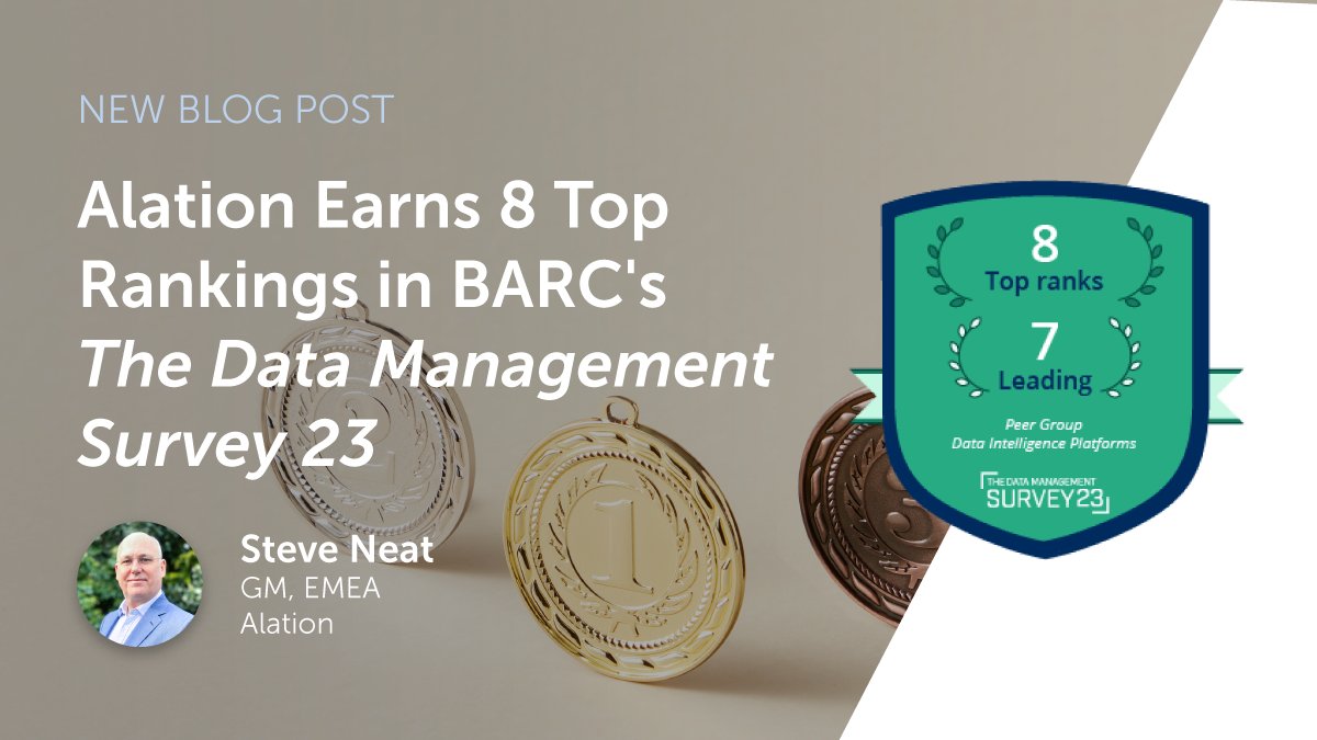 Alation's tweet photo. π
Alation has officially achieved 8οΈβ£ top rankings in the @BARC_Research Data Management Survey 23!
Learn why 83% of surveyed users would recommend Alation, and why 90% are satisfied with the Alation #DataCatalog β
https://t.co/vQcb5lPOLF #BARC #AlationDifference https://t.co/CJS8nX8Rz2