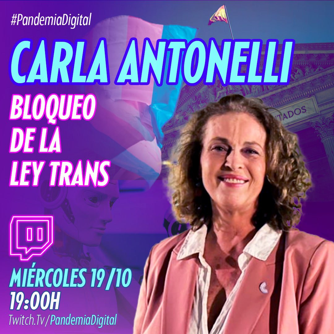 PandemiaDigitaI's tweet photo. Hoy en Pandemia Digital, a partir de las 19.00, tedremos a dos invitadas impresionantes, dos históricas activistas, dos mujeres de los pies a la cabeza. Hoy nos acompañarán @CambrolleMar y @CarlaAntonelli
Contra el odio y las mentiras #HabraLeyTrans
https://t.co/aVCNkSzAxw https://t.co/7sFqKxphHX