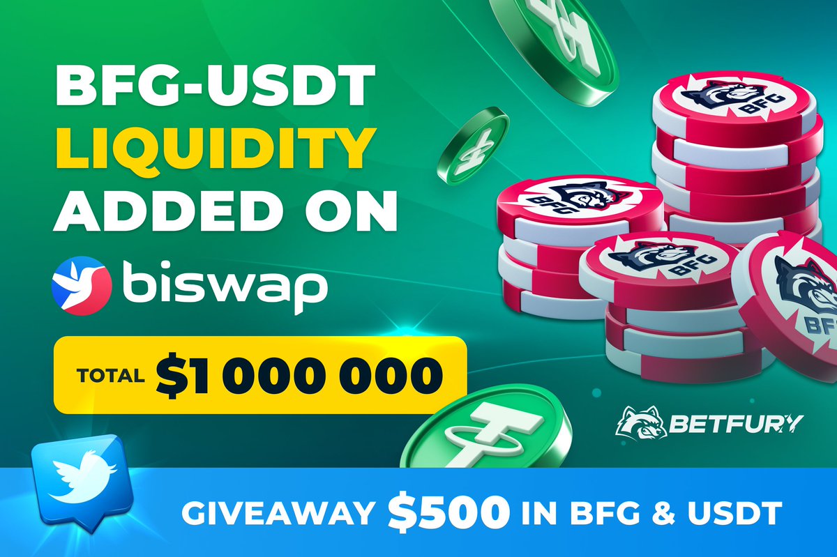 🔥#GIVEAWAY - $500 in #BFG &amp; #USDT
🍋$1 OOO OOO BFG - USDT #Liquidity
added on <a href="/Biswap_Dex/">Biswap</a>
exchange.biswap.org/#/swap?inputCu…

⏰OCT 19-25 | 1 #Winner
☄️Be registered on betfury.io
☄️Follow <a href="/betfury_gaming/">BetFury</a> &amp; <a href="/Biswap_Dex/">Biswap</a>
☄️Tag 2 friends
❤️+RT
#freetokens #crypto