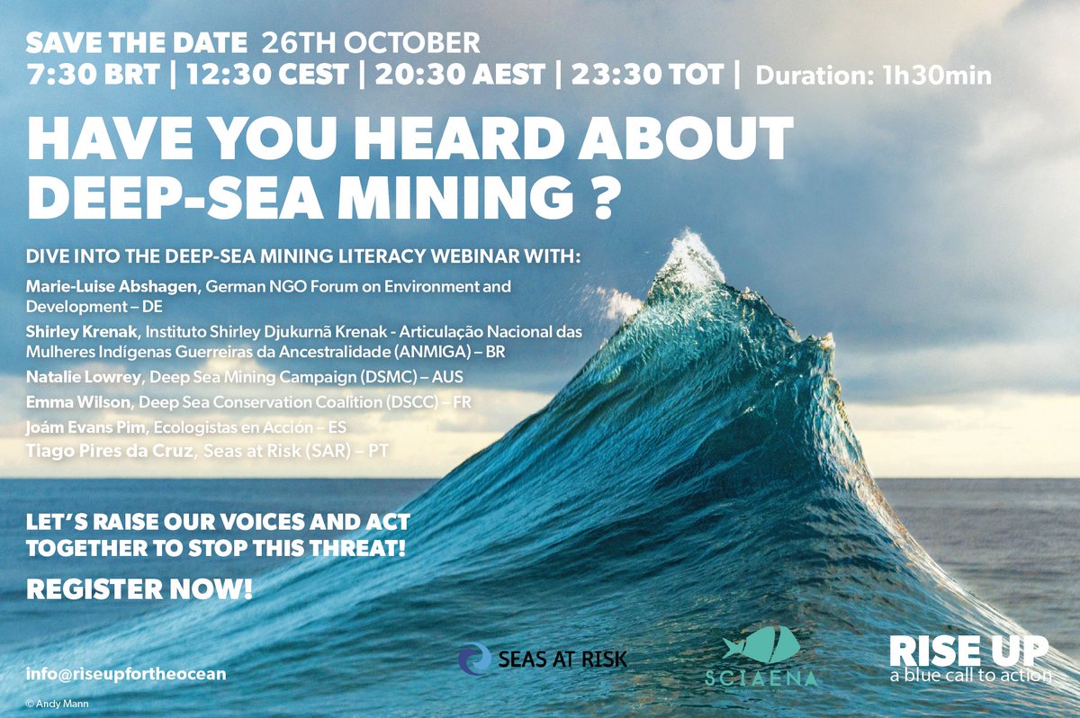 🌊 The DSCC's Emma Wilson will join the group of speakers in @RiseUp4TheOcean @SeasAtRisk & @Sciaena's upcoming webinar. Save the date! 🗓️ Wednesday 26th October @MLAbshagen @NatalieLowrey @NoDeepSeaMining @KrenakShirley @tiago_tpc @AnmigaOrg #DeepSeaMining #RiseUp4TheOcean