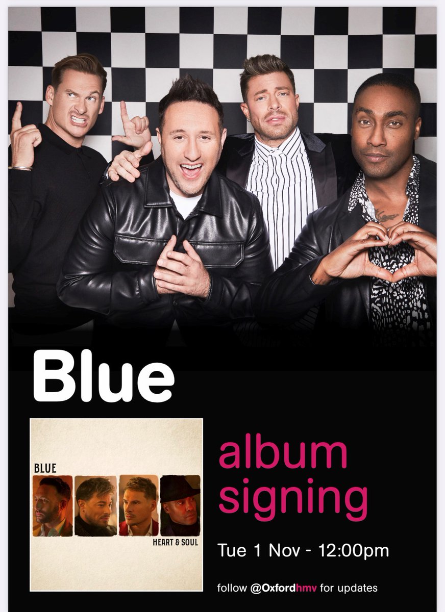 ClarendonShops's tweet photo. ⭐ SAVE THE DATE ⭐
Calling all @officialblue fans! They will be at @hmvtweets on Tuesday, 1st November, for their album signing. Pop along from 12pm - don't miss out! 

#Clarendoncentre #oxford #clarendonoxford #blue #albumsigning #hmv #boyband #musicfans https://t.co/GukOEFmVlX