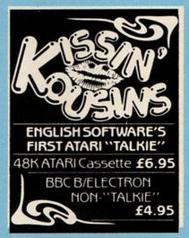 TakodanTweets's tweet image. Another tiny 1985 ad by #EnglishSoftware. This time for a game called Kissin&apos; Kousins for #Atari and #BBCMicro #Electron
