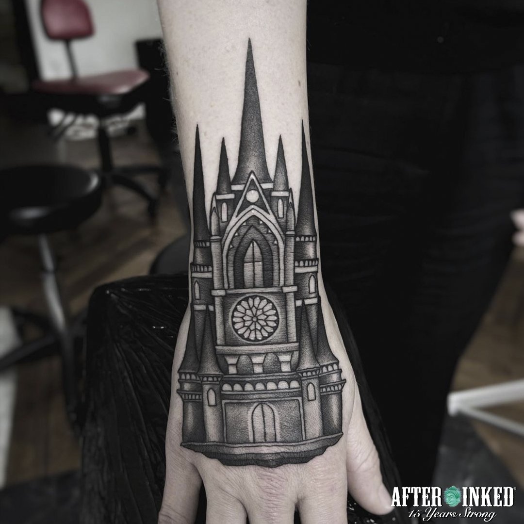 AfterInked's tweet photo. Cathedral tattoo is a great way to show your religious beliefs or your faith. It is also a way to admire the architecture of these places. #afterinked #proudusers #formulatedforperfection #afterinkedeveryday #tattooaftercare #vegan #jonnelson_tattoos #borrowed.time.tattoo.studio https://t.co/SpNo36aV0f