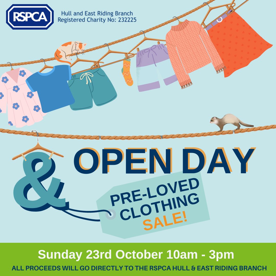We are opening our doors on Sunday 23rd October to mark the beginning of our Clough Road Charity Shop renovation. Come along to grab some pre-loved goods and see the amazing work that goes behind your local Animal Rescue Charity! #openday #rspcahull #HalfTerm #Hull