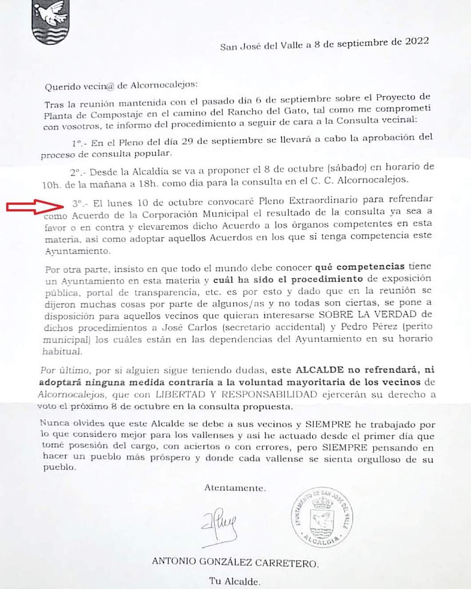 no_lodos's tweet photo. Carta enviada a los vecinos de #alcornocalejo antes de la consulta popular para la construcción de la Planta de Tratamiento de Lodos donde se comprometen a hacer pleno que aún no se ha celebrado. #sjdv debe de saberlo. No PTL en el Valle. Seguimos luchando!! https://t.co/LBbG9Hsd2Z