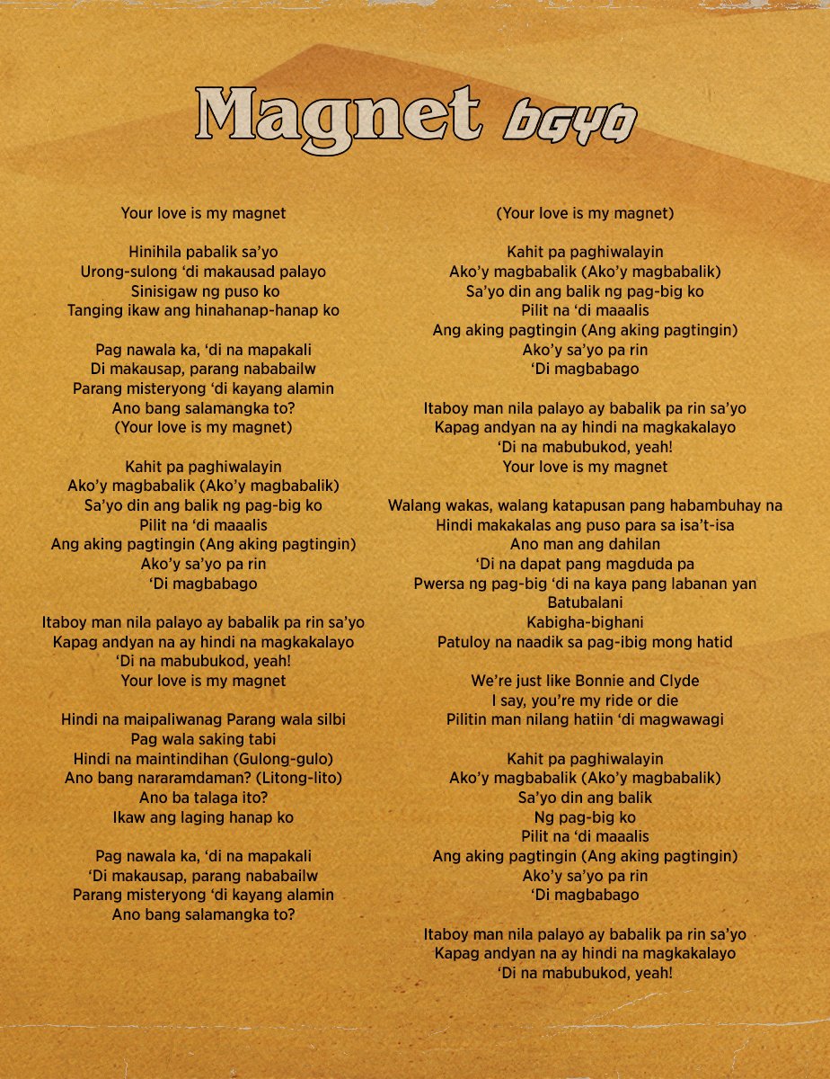 bgyo_ph's tweet photo. #BGYO | #BGYO_Magnet Lyric Sheet

⁍10.20.22 | 6PM PHT
Selected Streaming Platforms &amp; Music Video Release

⁍10.21.22 | 12MN PHT
All Streaming Platforms

Pre-save here: https://t.co/ndMdX94fTM

#BGYO_BeUs https://t.co/AOWAvWU73M