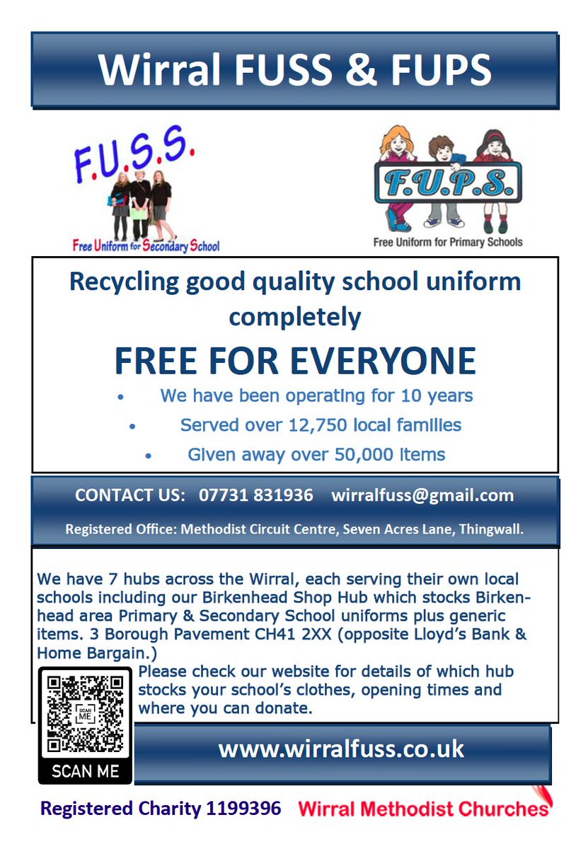 NewBrightonPS's tweet photo. Wirral FUSS &amp; FUPS NEW Wallasey hub will be open on TUESDAY 25th October 11-2pm at St Hilary's Church, Claremont Road CH453NH - please come along and collect FREE primary school uniforms and stay for coffee &amp; cake! https://t.co/Zw6BSxAVWp