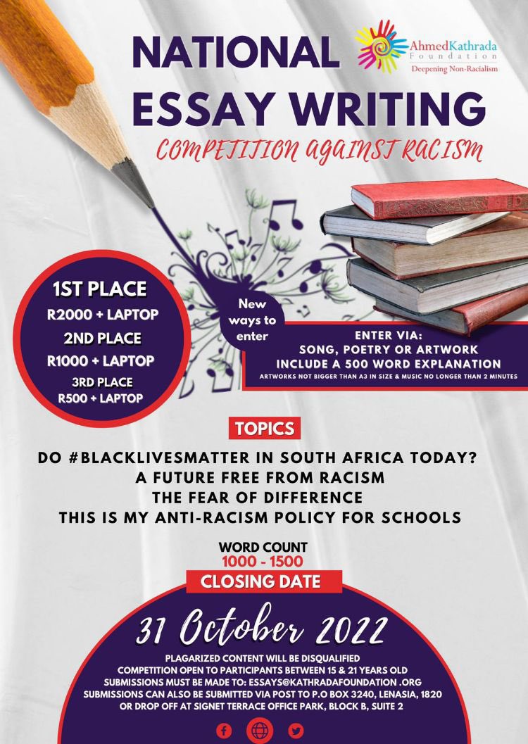 Don’t forget to take part in the Youth Essay Writing Competition Against Racism by submitting your poem, song, essay or original artwork. You can send your entry via email to essays@kathradafoundation.org <a href="/KathradaYouth/">Kathrada Youth Activism Programme</a> <a href="/AntiRacismNet/">#UniteAgainstRacism</a>