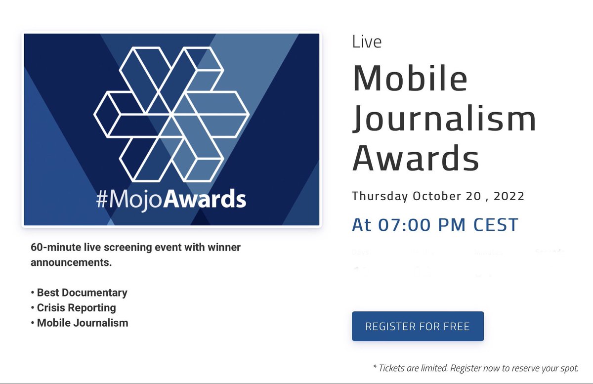 Join more than 100 folks from the global #Mojo community for the MojoAwards Live show on Oct. 20, 2022.

Register for free at mojo.show

#MobileJournalismAwards Best of #MobileJournalism #Virtual