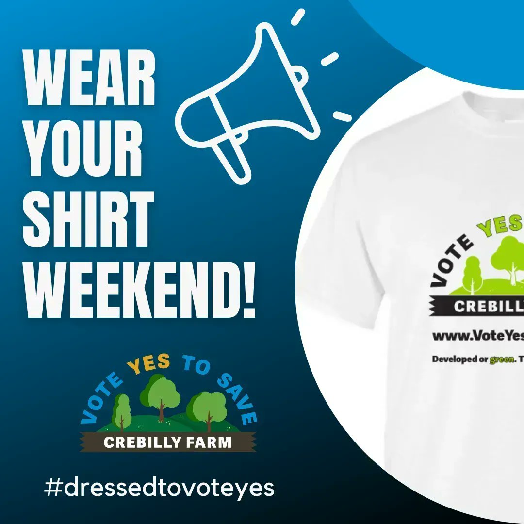 VoteYesCrebilly's tweet photo. Wear you shirt this weekend and let us know where you went! Taking your shirt out on the town helps to spread our message! Show your support for saving Crebilly Farm and TAG US!  #DressedToVoteYes #votesyestosavecrebilly #openspace https://t.co/5keKpQw4e0