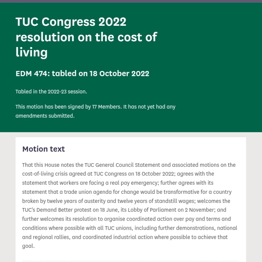 The TUC is coordinating action to lift people's pay during this cost-of-living crisis. I've tabled a motion to welcome this. The Conservatives defend their own economic interests. Now we will defend ours. You can ask your MP to sign 👇 edm.parliament.uk/early-day-moti…