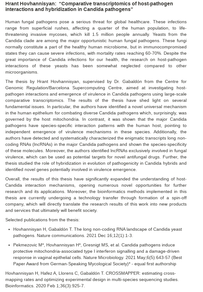 gabaldonlab's tweet photo. Our current postdoc and recent PhD Hrant Hovhannisyan @hrant_hov receives the Biomedicine Doctoral School PhD Extraordinary Award from @UPFBarcelona  

Congrats Hrant!

https://t.co/fELsKK3krq https://t.co/P6HduFAOFe