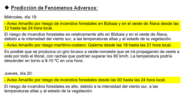 🟡 #AbisuHoria #BasoSutea #enbata 

🔥Baso-sute arriskua gaur Bizkaian eta Araba mendebaldean, bihar denean.

💨Gaur enbata sar daiteke 18etatik 21etara.

🔥Riesgo de incendios forestales hoy en Bizkaia y oeste de Álava, mañana en toda la CAV.

💨Hoy posible galerna de 18 a 21h.