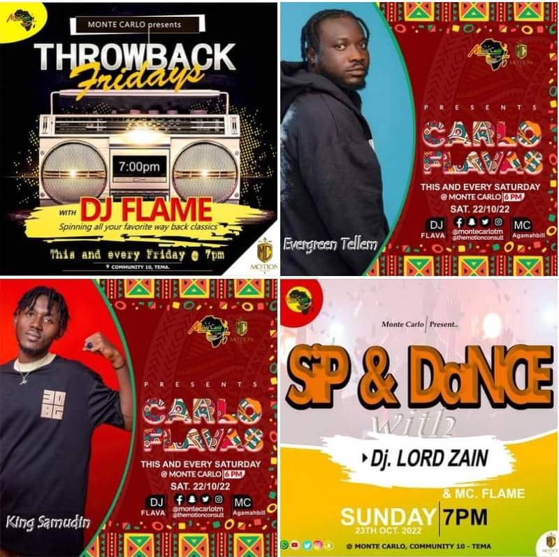 Come and enjoy the best weekend vibe in #TemaFavoritePub #montecarlotm #throwback Fridays with DJ FLAME #CarloFlavas with DJFLAVAWORLDBOSS #Sipandance with DJ LORD ZAIN 
.
.
#weekendvibes SPONSORED BY #MotionConsult #montecarlotm #worldboss