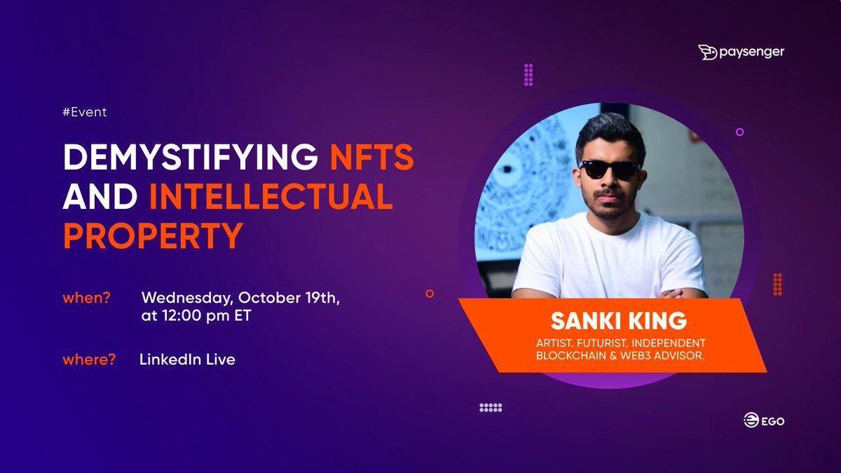 Ego_Paysenger's tweet photo. Hey everyone!🙌
Sanki King 💫 just joined the speakers’ pool!
Topic: Demystifying NFTs and intellectual property
Today🗓️, at 12 PM ET
Location: LinkedIn
Let’s demystify NFTs once and for all!
See you there!🧏
👉https://t.co/2gTycZ1EcT https://t.co/i5m0aiydQk