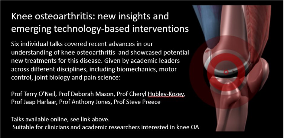DrStevePreece's tweet photo. Are you a #clinician #researcher in interested in #KneeOA #osteoarthrits? Our recent #webinar on new insights and emerging technology-based is now online. Six great talks from leading academics. Click here to watch the talks: https://t.co/veIBn41Zqe https://t.co/9MCVJvQ6Tj