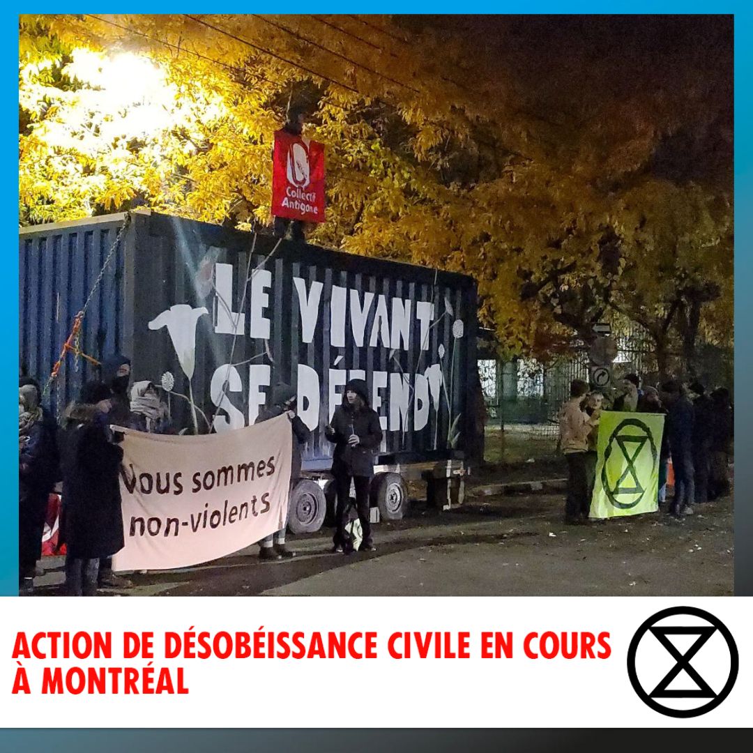 coll_antigone's tweet photo. Action de désobéissance civile en cours à Montréal au Terminal Valéro d'Enbridge. Les activistes demandent la fermeture de la ligne 9B. @XRebellionMTL #polqc #actionencours #criseclimatique https://t.co/BuUDqdvi4M