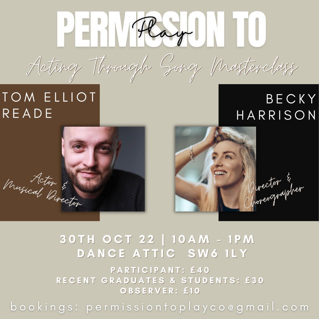 BeckycpHarrison's tweet photo. Following the success of our last workshop, @Tomreade_actor &amp; I are teaming up again!

30th oct
10 - 1 

Perfect for students in training or recent grads who want to flex those singing &amp; acting muscles. See you there! 

Bookings: permissiontoplayco@gmail.com https://t.co/jodAAc1NYr