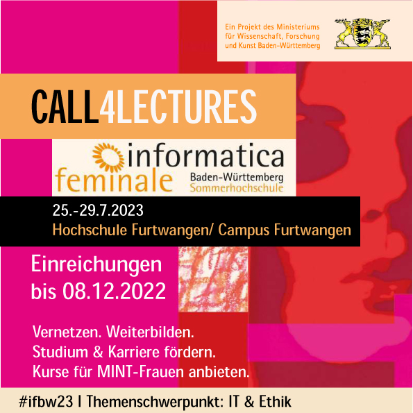 Save the date: 23. Informatica feminale Baden-Württemberg – Sommerhochschule für Studentinnen und interessierte Frauen – Schwerpunkt „IT und Ethik“ – 25.-29.07.2023 – Hochschule Furtwangen

scientifica.de/bildungsangebo…