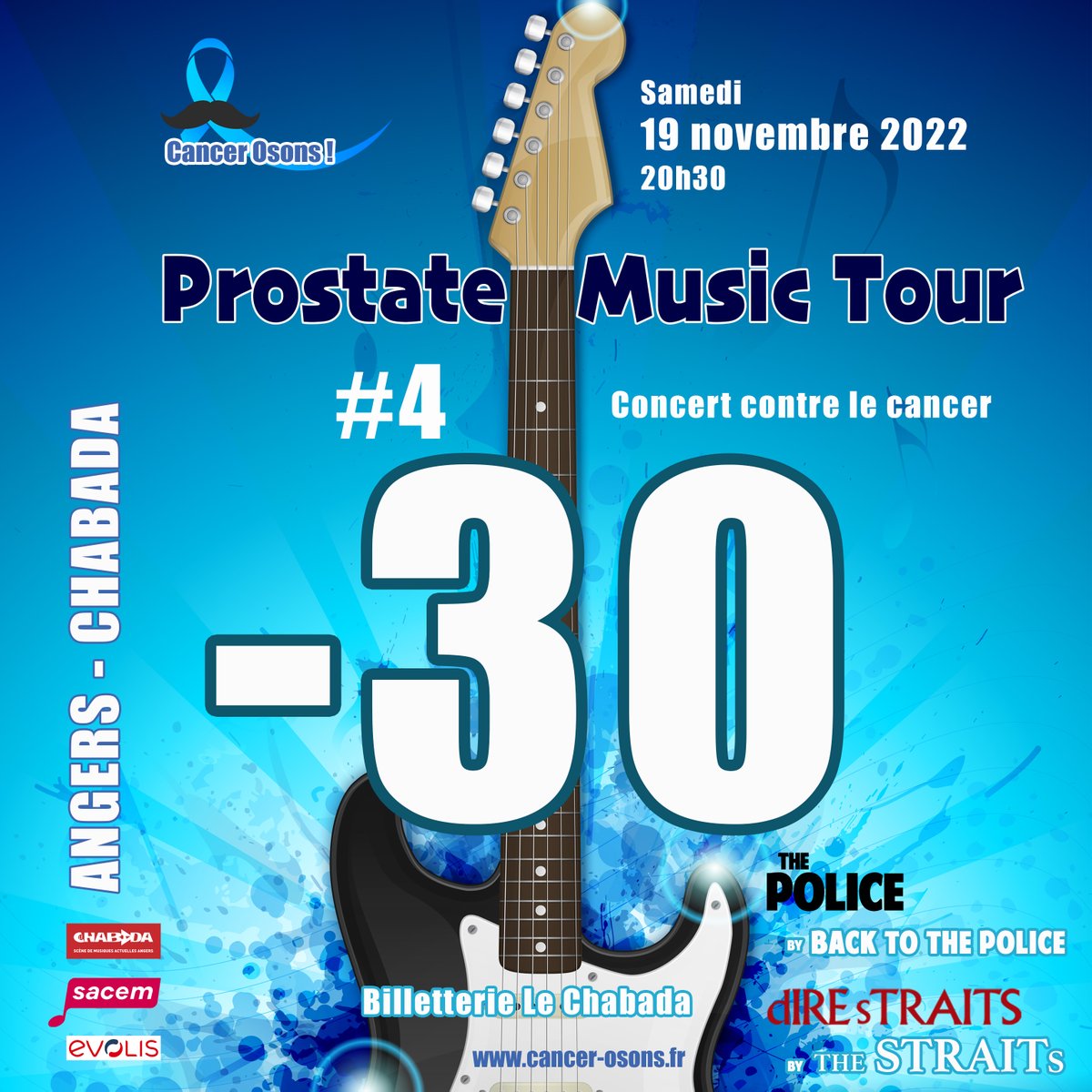 CancerOsons's tweet photo. Plus quâun mois !... Le 19 novembre, dans 30 jours exactement nous serons avec vous sur la scĂšne du @lechabada Angers pour le grand concert organisĂ© par @CancerOsons pour soutenir ceux qui sont touchĂ©s par un cancer masculin. #ProstateMusicTour câest encourager une belle action https://t.co/FlEFUPR7ZP