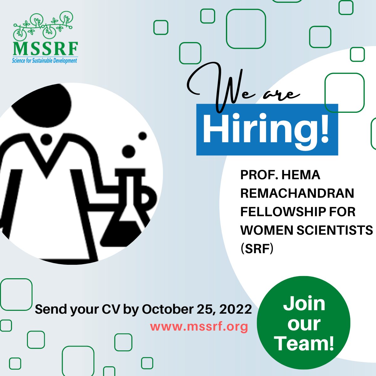 #MSSRF announces the prestigious Prof Hema Ramachandran #Fellowship for young #WomenScientists in #India You must be keen on basic #research in either/or 1 #Agriculture 2 #Biotechnology 3 #ClimateChange 4 #Ecotechnology 5 #Nutrition Apply by October 25👉bit.ly/3EoPT2H