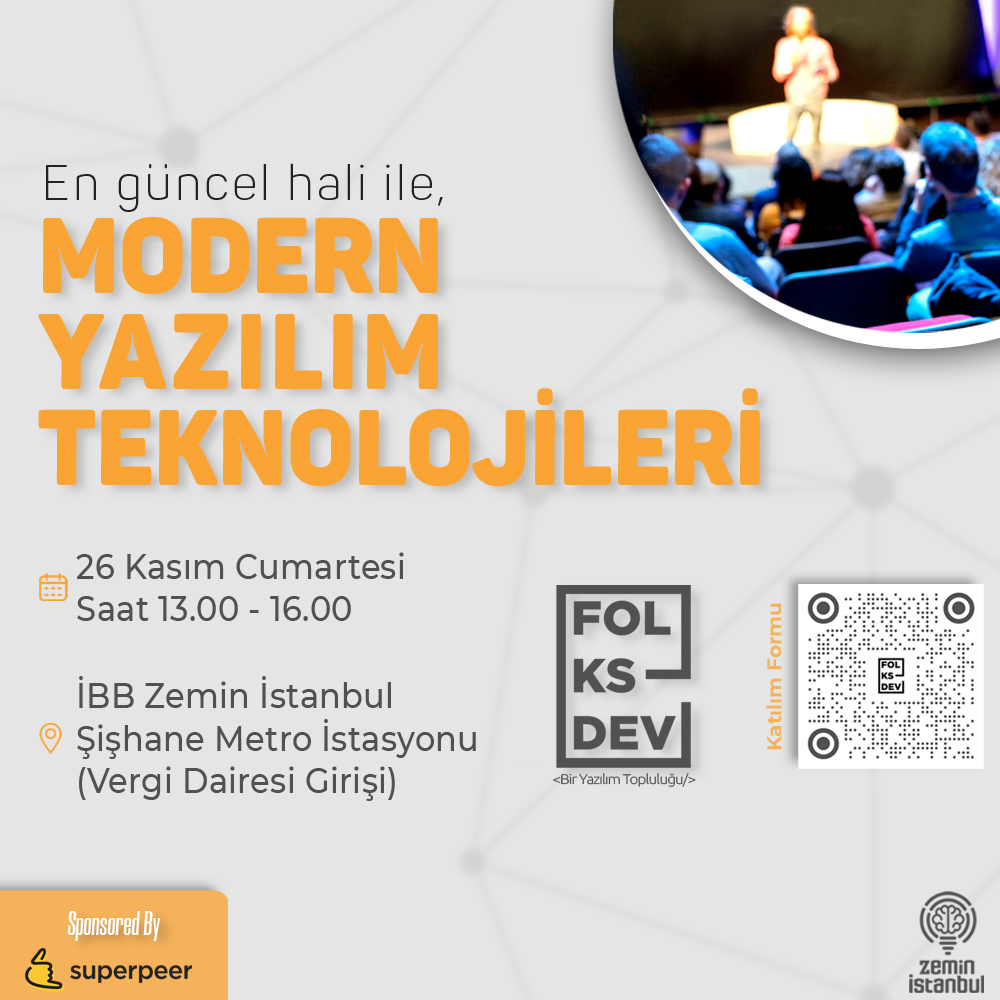 #FolksDev topluluğu olarak 26 Kasım Cumartesi günü Saat 13:00 - 16:00 arasında, @SuperpeerTR  sponsorluğunda @zeministanbul’da Modern Yazılım Teknolojilerinin anlatılacağımız etkinliğimize herkesi bekliyoruz.
Katılım için kayıt olmayı unutmayınız.
Etkinliğimiz tamamen ücretsizdir