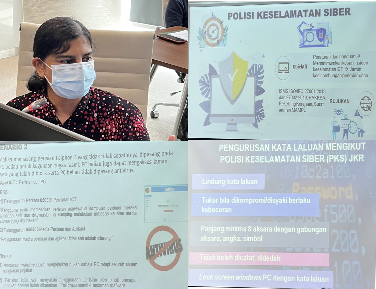 JKR_CKM's tweet photo. Taklimat Kesedaran Keselamatan Siber  oleh pegawai-pegawai BTM anjuran Jawatankuasa Keselamatan CKM yang diadakan di Bilik Nilam, Blok G pada pagi ini. @IrZulkifli3 @suhailimansor @AishahHazlina https://t.co/OzhnxyeE4J