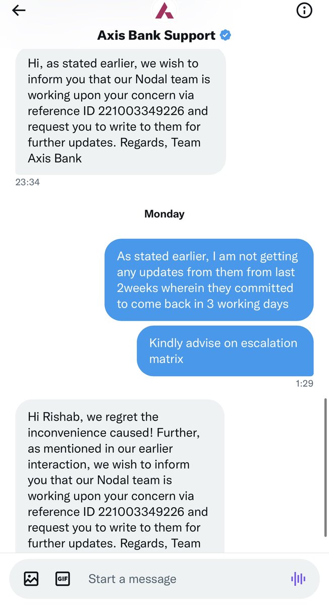 Rishab144's tweet photo. @AxisBankSupport @AxisBankSupport @AxisBank 

Not sure if their is some team responding here or just a Bot replying to these conversations.
If this is from a human, I request Axis Bank to hire some sage people as this team is incompetent to even understand the concern and sending scripted replies https://t.co/KIW4z7Y5yR