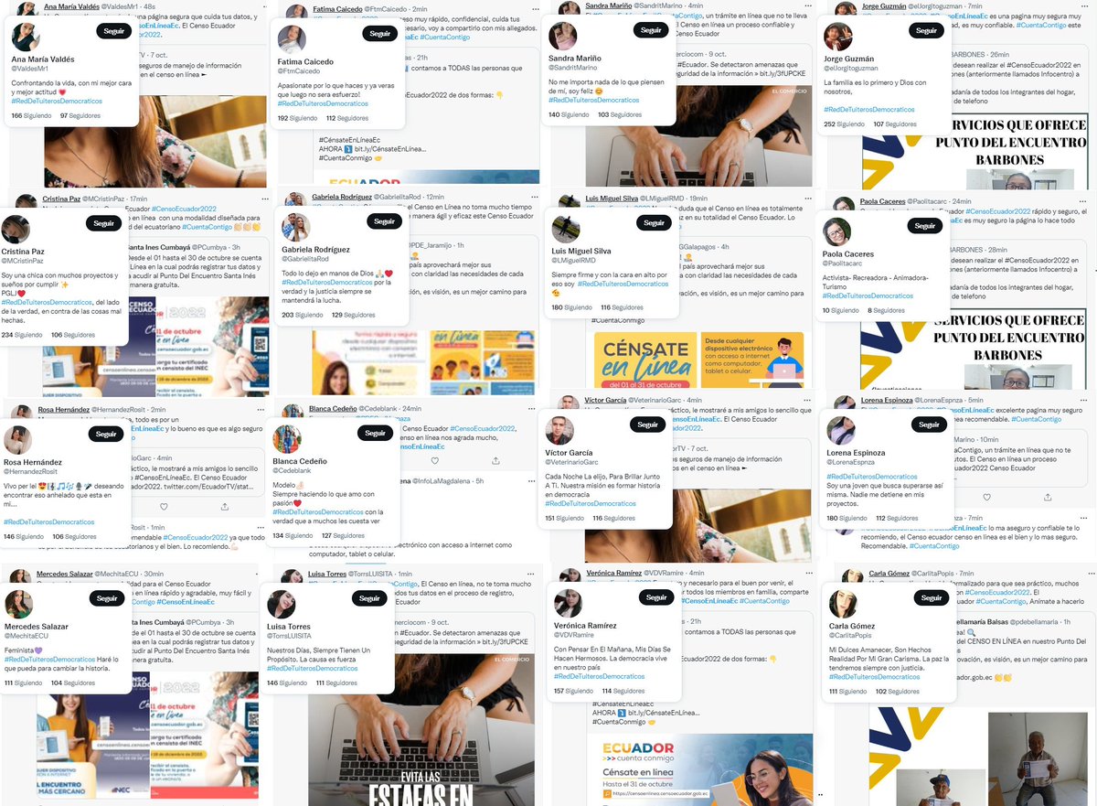 alfredovelazco's tweet photo. No solo que usan cuentas anómalas (recién creadas, pocos seguidores y con hashtag #reddetuiterosdemocraticos en su bio) para apoyar el #CensoEnLineaEc... sino que existen denuncias que quieren obligar a empleados públicos y estudiantes a hacerlo #censoecuador2022 #censosincédula https://t.co/sS7YBZdk8q