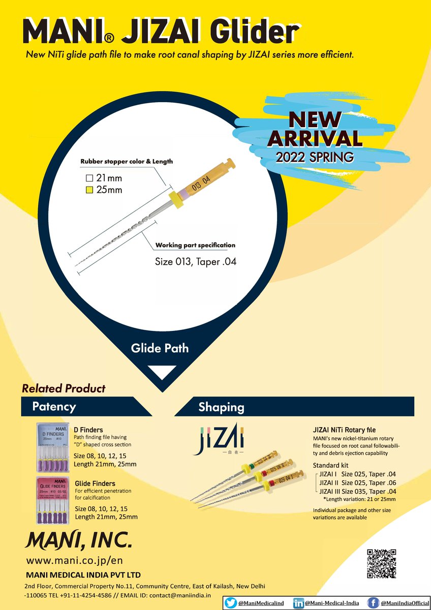ManiMedicalInd's tweet photo. Preparing glide paths for your rotary #MadeEasy by JIZAI GLIDER #13/04 (21mm & 25mm)
#biomechanical #preparations #MadeEasy with #jizai #NiTiRotaryFiles which are #madeinjapan with #exquisite #craftmanship & #supreme #perfection to provide #safety & #refinedpreparation
Call today https://t.co/JS5kQOmgmT