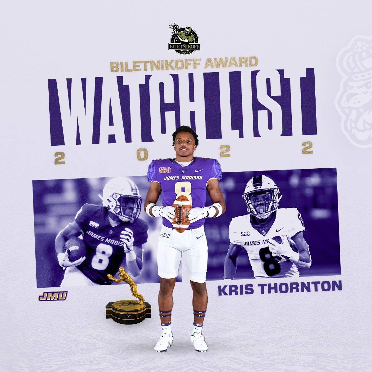 JMUFootball's tweet photo. 𝐁𝐈𝐋𝐄𝐓𝐍𝐈𝐊𝐎𝐅𝐅 𝐀𝐖𝐀𝐑𝐃 𝐖𝐀𝐓𝐂𝐇 𝐋𝐈𝐒𝐓 👀

@__KT1__ is JMU's first player to be selected to the watch list for the @biletnikoffawrd.

📰 https://t.co/4s7IhntK2M

#GoDukes https://t.co/2UuQU7yDYJ