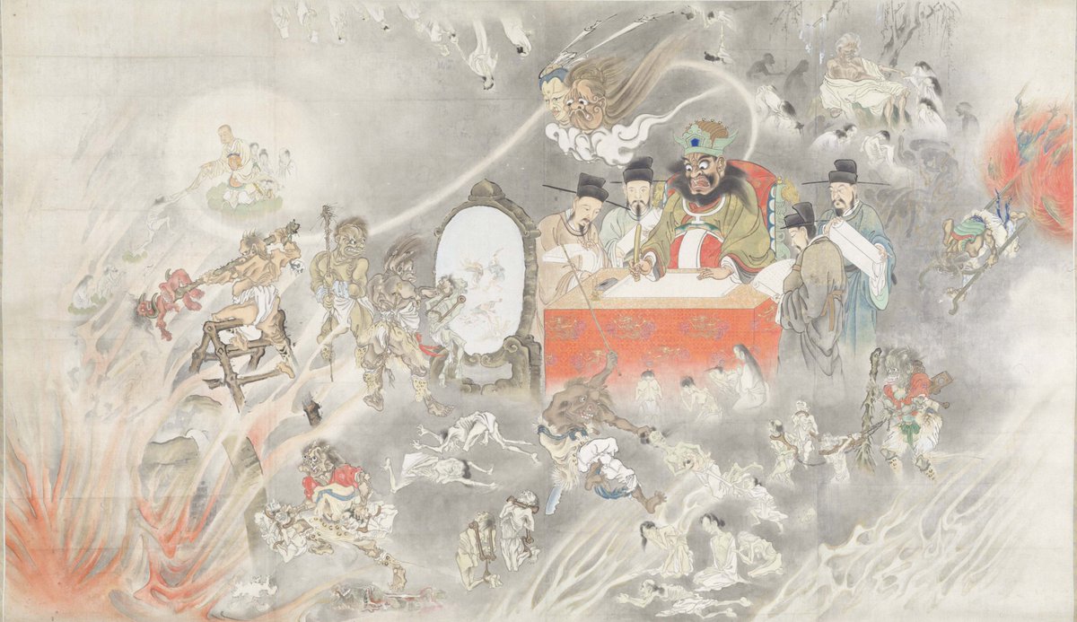 TNM_IR_EN's tweet photo. Souls of the deceased are stripped of their clothes by the hag Datsueba (top right), judged by Enma in the center, and saved by Jizō (top left). 

Kawanabe Kyōsai, Heaven and Hell, 19th c.
On display until Nov 13 in Room 18 (Japanese Gallery)
#TokyoNationalMuseum #TNM #Ondisplay https://t.co/tmUMAlXpO2