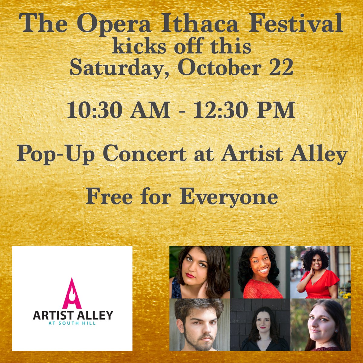 OperaIthaca's tweet image. Join Opera Ithaca as we kick of the #OperaIthacaFestival THIS SATURDAY, October 22 from 10:30 to 12:30 at Artist Alley at the South Hill Business Campus. Music and tours of the galleries and workspaces. For more information, visit operaithaca.org
