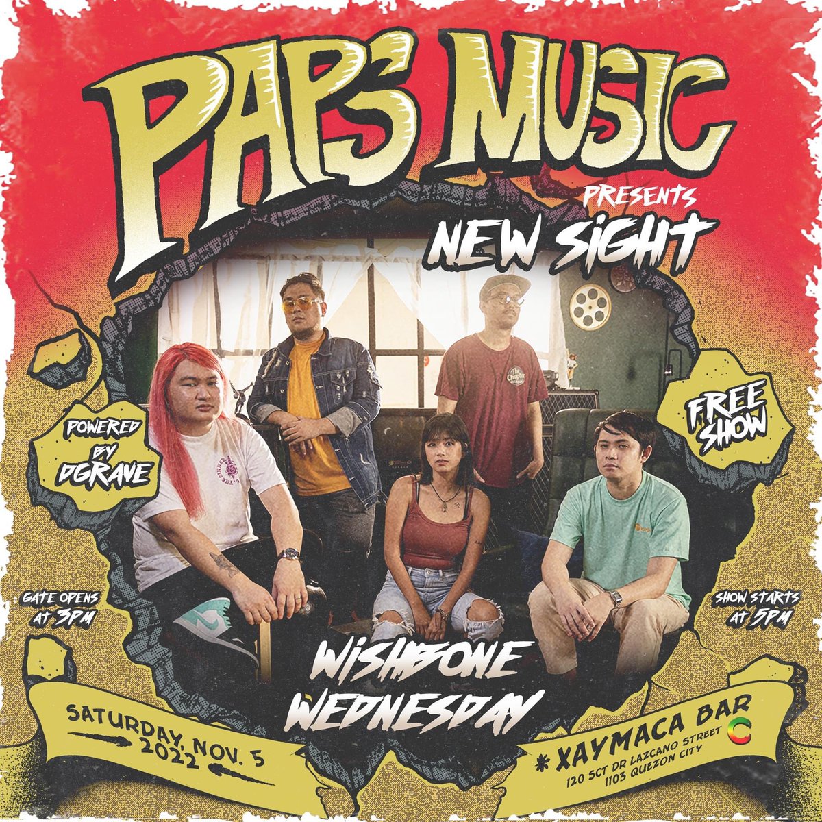 Kitakits!!!

PAPS MUSIC Presents: NEW SIGHT 👁️
Powered by: Dgrave

FREE SHOW 🆓
November 5, 2022 (Saturday)
Xaymaca Bar (120 Scout Lazcano St. Quezon City)
Kitakits guys! Libre lang to kaya invite mo din mga tropa mo!