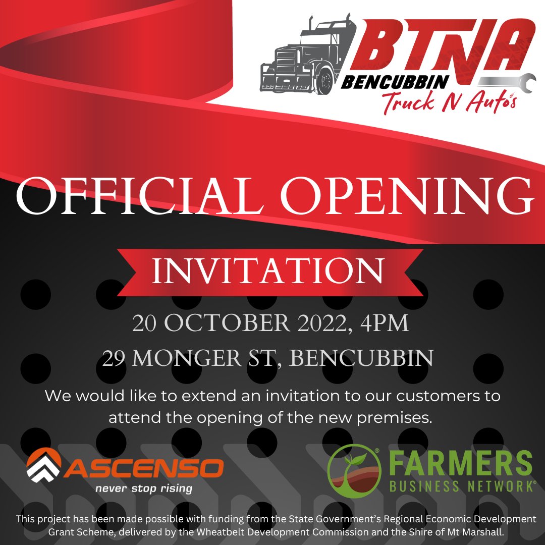 AscensoAus's tweet photo. We are looking forward to seeing you all at Bencubbin Truck N Auto's official opening of their new premises tomorrow (20th October) at 4pm. Get along to 29 Monger St, Bencubbin to support your local store. https://t.co/0Iezw5EDuX