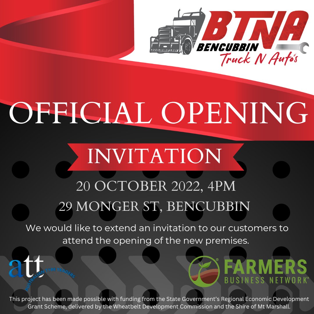 TyreTradersAU's tweet photo. We are looking forward to seeing you all at Bencubbin Truck N Auto's official opening of their new premises tomorrow (20th October) at 4pm. Get along to 29 Monger St, Bencubbin to support your local store. https://t.co/0pi6qhOqhI