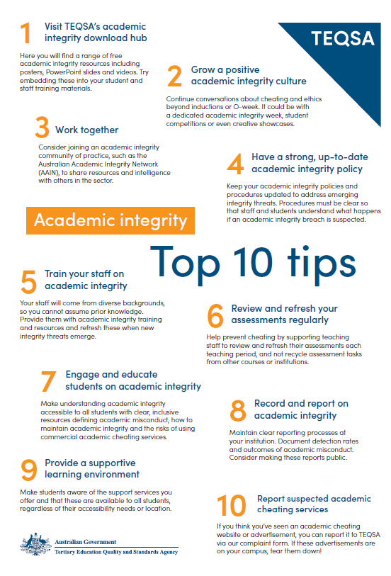 AussieSTEMinist's tweet photo. (3/5)

🚨 New resource alert🚨

For International day of action against contract cheating, today's HEIU resource is hot off the press - #AcademicIntegrity Top 10 tips!

On the @TEQSAGov download hub now ⬇️
https://t.co/eMm7pkGi4R https://t.co/SDHzIgaVBH
