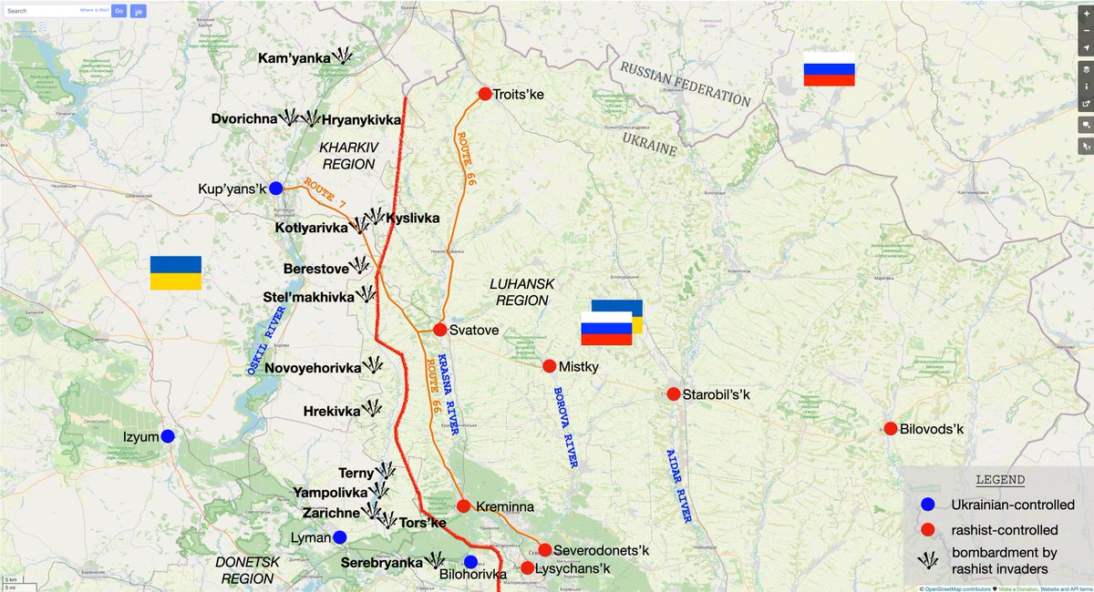 On the Troits'ke-Svatove-Kreminna front the rashists shelled Kam'yanka, Dvorichna, Hryanykivka, Kyslivka, Kotlyarivka, Berestove, Stel'makhivka, Novoyehorivka, Hrekivka, Terny, Yampolivka, Zarichne, Tors'ke, Serebryanka. –General Staff, Armed Forces of Ukraine, 06:00, 19 Oct 2022