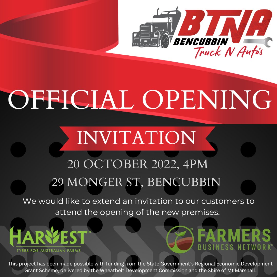 HarvestTyres's tweet photo. We are looking forward to seeing you all at Bencubbin Truck N Auto's official opening of their new premises tomorrow (20th October) at 4pm. Get along to 29 Monger St, Bencubbin to support your local store. https://t.co/v5k4eLNx3Z