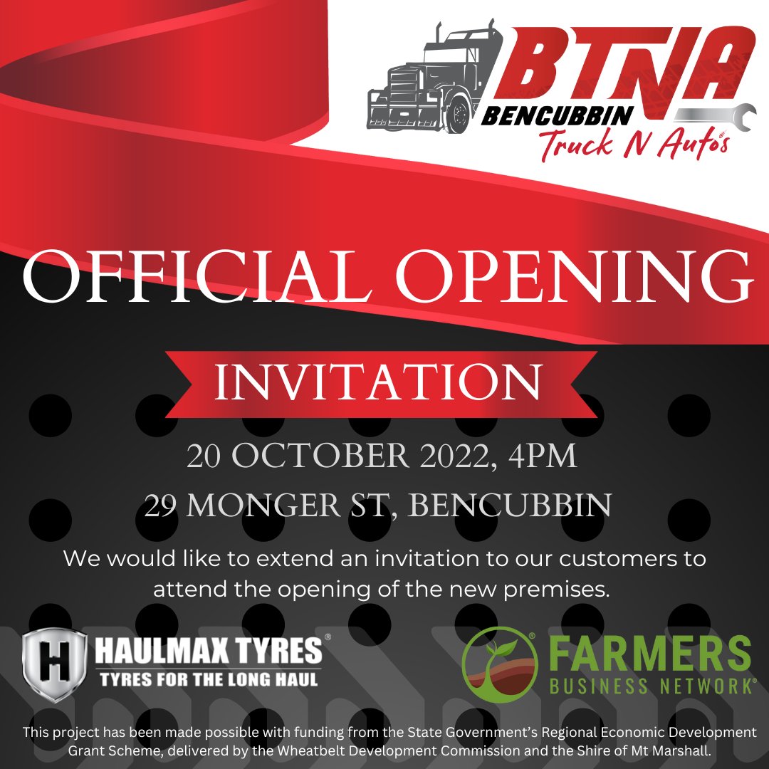 HaulmaxTyres's tweet photo. We are looking forward to seeing you all at Bencubbin Truck N Auto's official opening of their new premises tomorrow (20th October) at 4pm. Get along to 29 Monger St, Bencubbin to support your local store. https://t.co/z9KvuhObDT