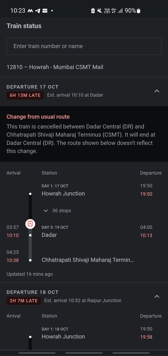 tararon's tweet photo. @IRCTCofficial @serailwaykol @RailMinIndia @AshwiniVaishnaw 
Train 12810 ETA at CSMT 04:25 on 19th October. Current online status says Dadar 10:20 am but at 10:23 we are stalled after Ghatkopar. The train will now terminate in Dadar and not CSMT. https://t.co/FgdXKdo972