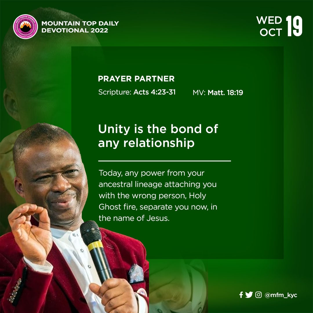 mfm_kyc's tweet photo. MFM Mountain Top Daily Devotional
October 19

Topic: Prayer Partner 

When believers come together in the spirit of unity and love to pray about anything, such prayer receives divine attention and speedy answers.

#partner #unity #prayerpartner #mfmkyc #conquerorsassembly https://t.co/HxS7dlMEYW