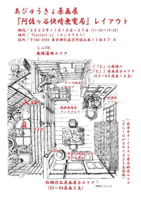 大凡のレイアウト。古民家の一階をそのまま使っているギャラリーなのでスペースは限られるが備え付けの文化住宅家具も工夫して展示に利用。
寂れた雰囲気が自分の作風とシンクロしているのでほぼそのまま活用できる。
#あびゅうきょ原画展 