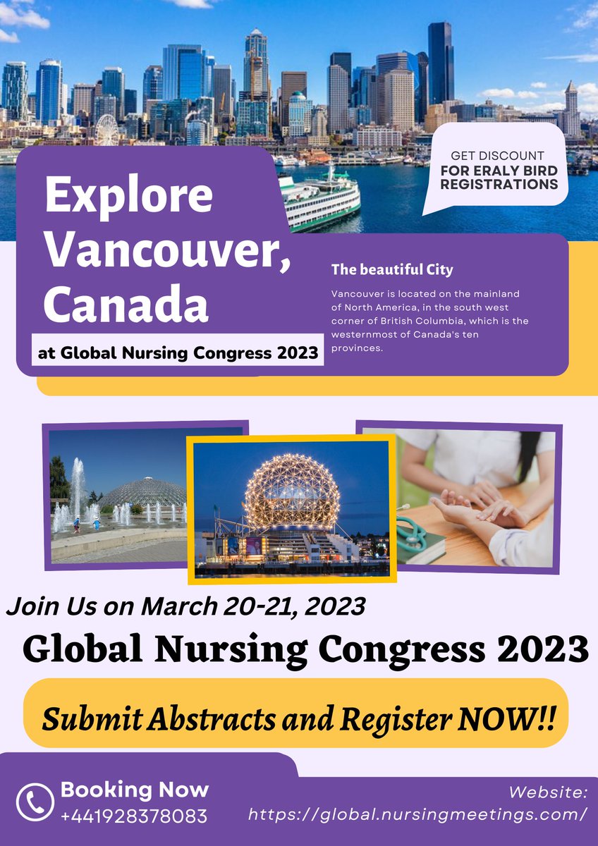 LauraGi40615175's tweet photo. Are you looking to attend a #conference in the beautiful city #vancouver, #canada?
Here is a chance to connect with us at "30th Global Nursing and Healthcare Congress" on #March 20-21,
2023 includes #workshops, #symposiums, #keynotetalks & #Oralsessions
Contact Us:+441928378083 https://t.co/CBBkqQ5i5o