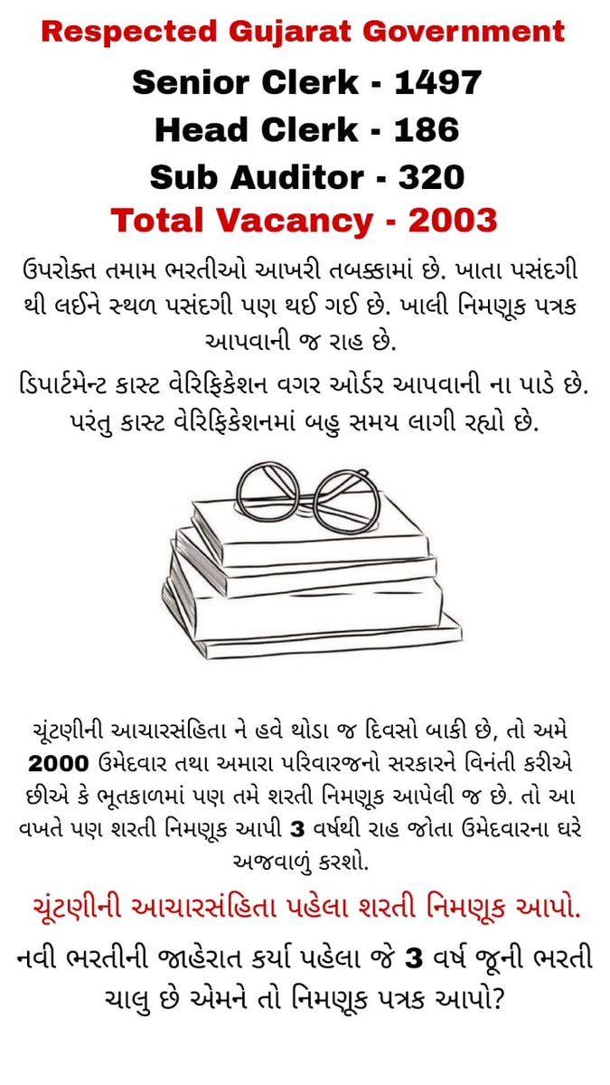 vishnuT34320365's tweet photo. 2000 ઉમેદવારને ચૂંટણીની આચારસંહિતા પહેલા શરતી નિમણૂક આપી ઉમેદવારો તથા ઉમેદવારોના પરિવારની દિવાળી સુધારો એવી વિનંતી કરીએ છીએ. 3 વર્ષથી ભરતી પુરી થવાની રાહ જોઈ રહ્યા છીએ. @CMOGuj @narendramodi @Bhupendrapbjp @deepakrajani123 @pkumarias @AKRAKESHIAS1 @sanghaviharsh @MLAJagdish https://t.co/S57YnBrjNh