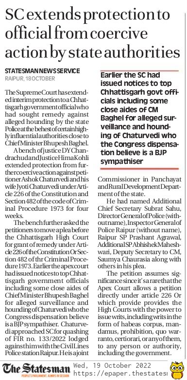 SC extends protection to a #Chattisgarh govt. Official from coercive action by authorities. <a href="/INCIndia/">Congress</a> <a href="/BJP4India/">BJP</a> <a href="/BJP4CGState/">BJP Chhattisgarh</a> <a href="/drramansingh/">Dr Raman Singh</a> <a href="/bhupeshbaghel/">Bhupesh Baghel</a>